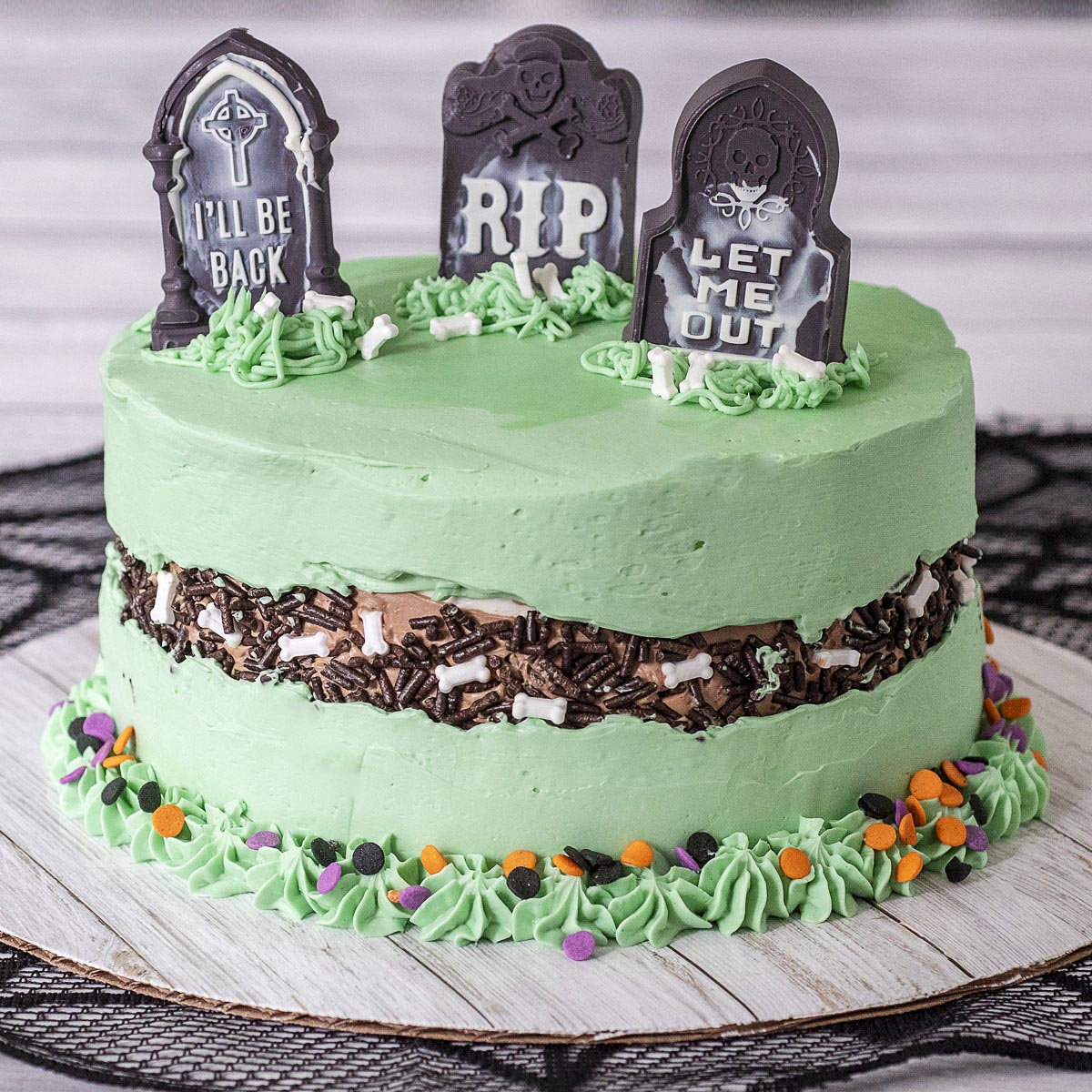 A fully decorated graveyard fault line cake.