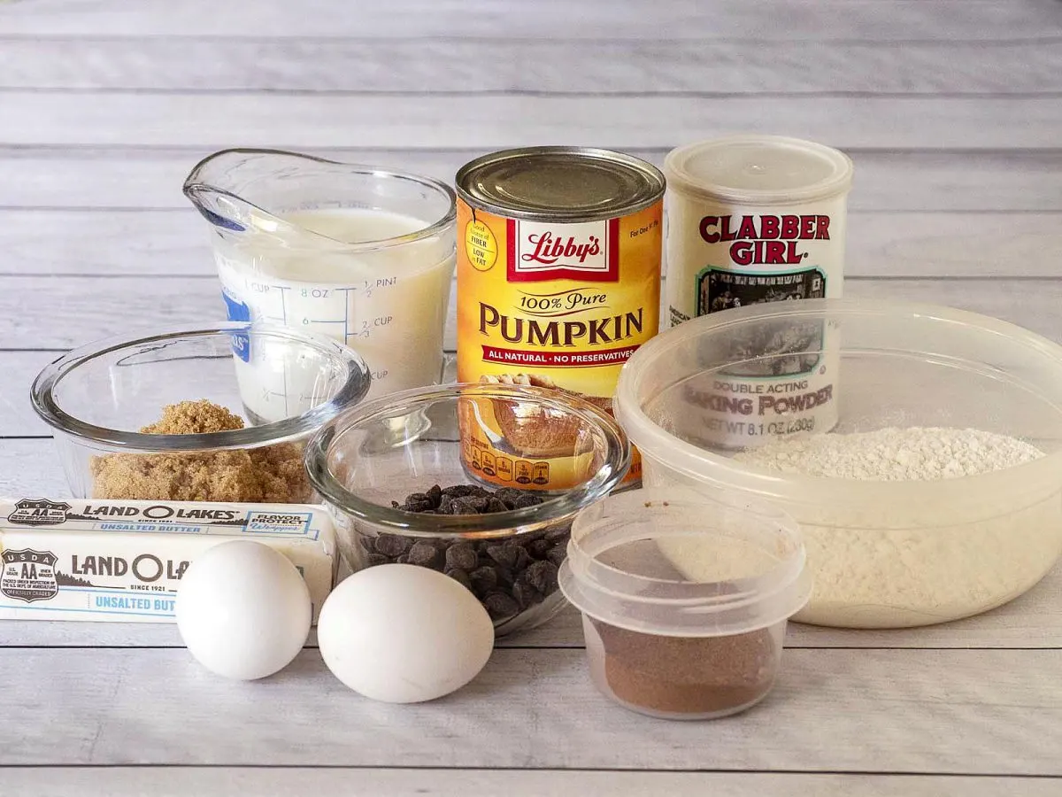 Ingredients for pumpkin chocolate chip waffles.