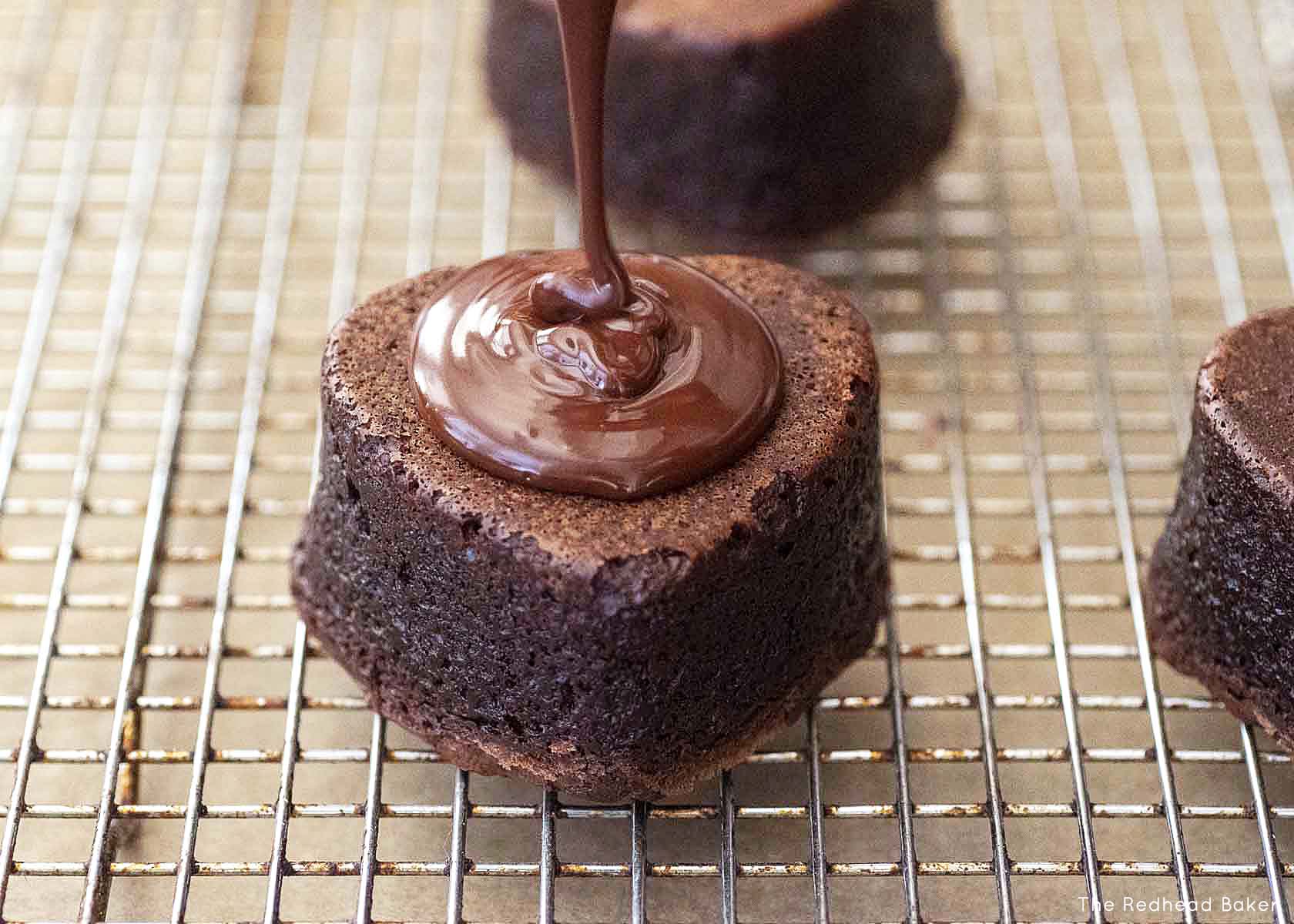 Ganache poured onto a brownie heart.