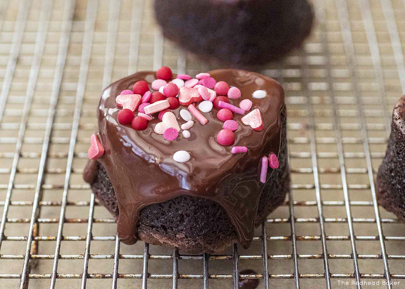 Sprinkles on a chocolate-covered brownie heart.