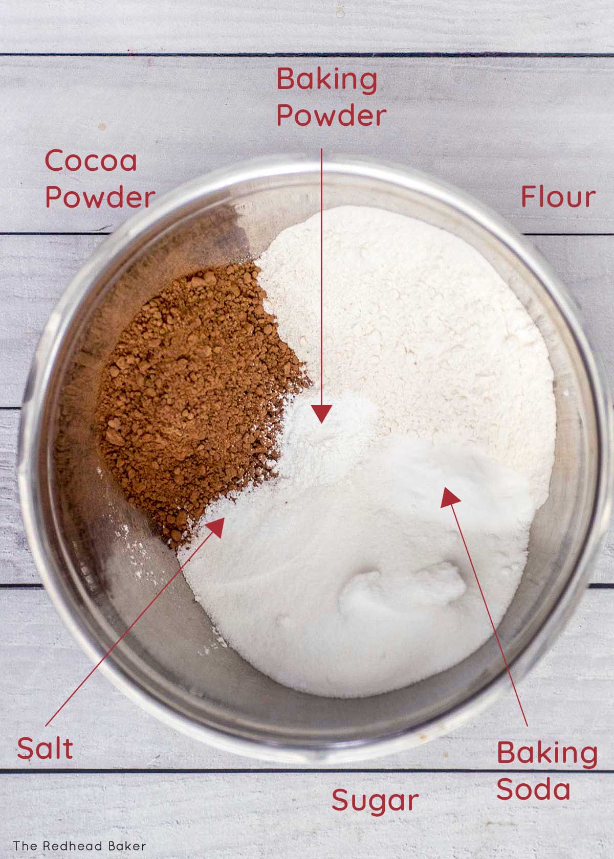 Chocolate layer cake dry ingredients in a mixing bowl.