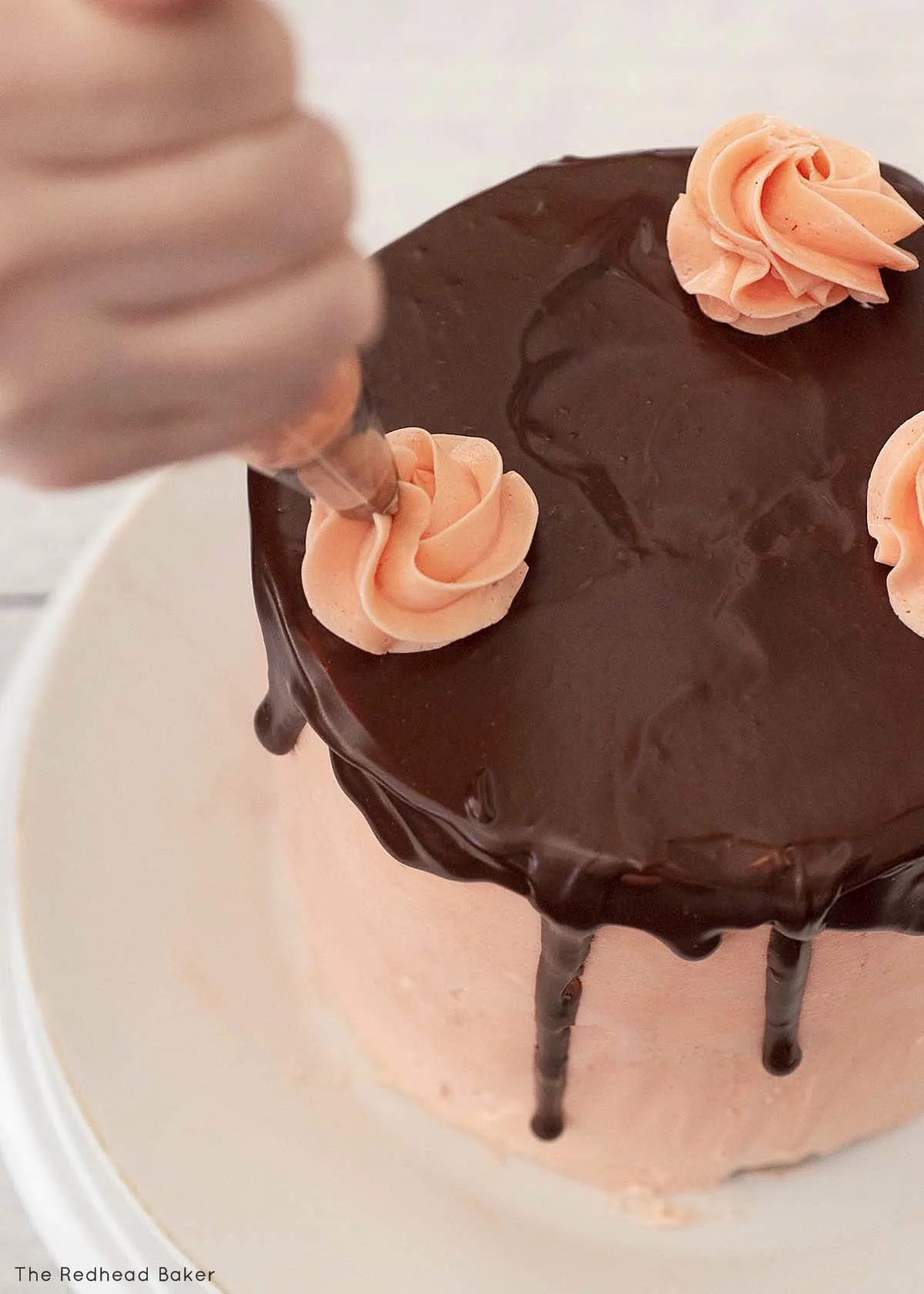 Swirls of frosting being piped onto the top of a cake.