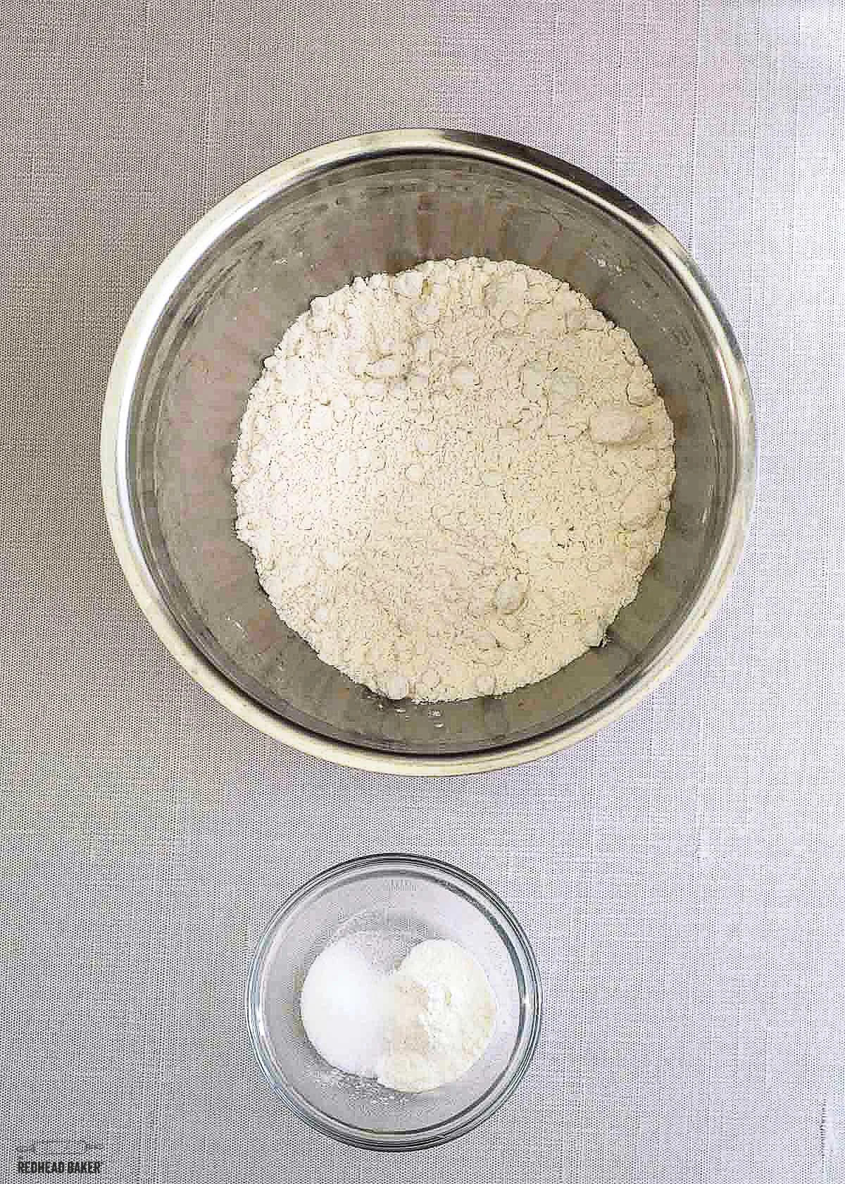 Dry ingredients for hte donuts: flour, baking powder and salt. 