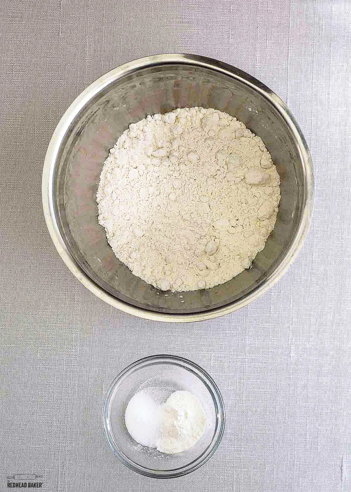 Dry ingredients for hte donuts: flour, baking powder and salt.