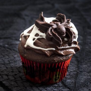 A chocolate-frosted cupcake with marshmallow web and a candy spider.