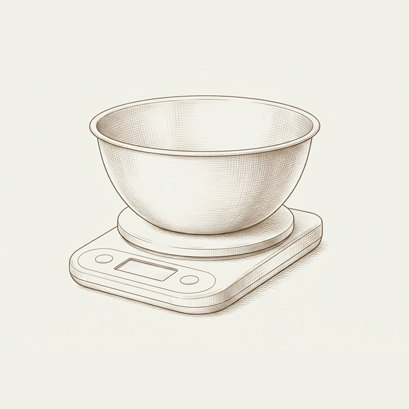 Vintage illustration, kitchen scale with mixing bowl.